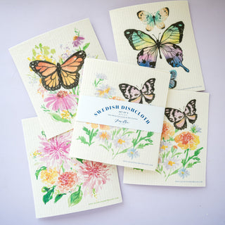 4 - Pack Butterfly Garden Swedish Dishcloth: Reusable Kitchen Cloths from Jean Choe Art & Design - Reusable Paper Towels