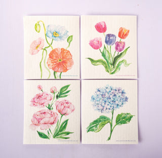 4 - Pack Garden Flowers Swedish Dishcloth: Washable Kitchen Cloths from Jean Choe Art & Design - Reusable Paper Towels