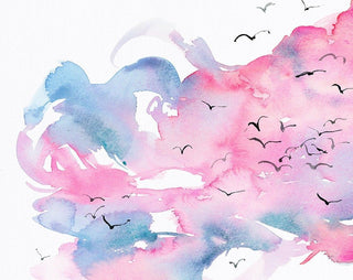 Abstract Watercolor Art Print – Pink and Blue Sunset with Birds from Jean Choe Art & Design - Watercolor