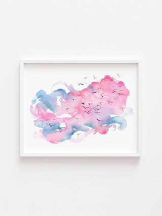 Abstract Watercolor Art Print – Pink and Blue Sunset with Birds from Jean Choe Art & Design - Watercolor
