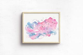 Abstract Watercolor Art Print – Pink and Blue Sunset with Birds from Jean Choe Art & Design - Watercolor