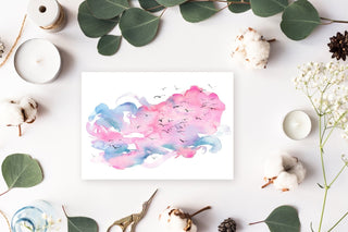 Abstract Watercolor Art Print – Pink and Blue Sunset with Birds from Jean Choe Art & Design - Watercolor