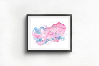 Abstract Watercolor Art Print – Pink and Blue Sunset with Birds from Jean Choe Art & Design - Watercolor