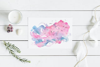Abstract Watercolor Art Print – Pink and Blue Sunset with Birds from Jean Choe Art & Design - Watercolor