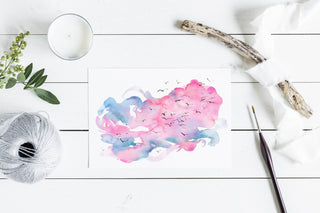 Abstract Watercolor Art Print – Pink and Blue Sunset with Birds from Jean Choe Art & Design - Watercolor