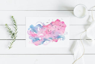 Abstract Watercolor Art Print – Pink and Blue Sunset with Birds from Jean Choe Art & Design - Watercolor
