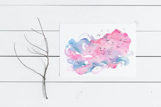Abstract Watercolor Art Print – Pink and Blue Sunset with Birds from Jean Choe Art & Design - Watercolor