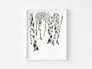 "Birch Forest 2" Art Print: Serene Winter Watercolor from Jean Choe Art & Design - Giclée