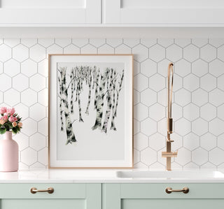 "Birch Forest 2" Art Print: Serene Winter Watercolor from Jean Choe Art & Design - Giclée