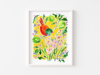 "Bird Over Lime Branches" Art Print: Sunny Botanical Art from Jean Choe Art & Design - Giclée