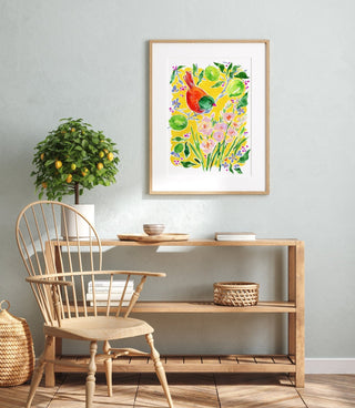 "Bird Over Lime Branches" Art Print: Sunny Botanical Art from Jean Choe Art & Design - Giclée