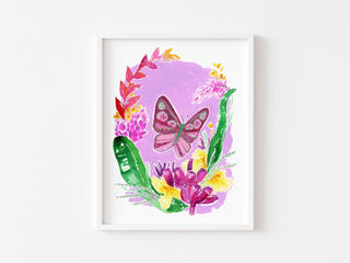 "Butterfly & Pink Bananas" Art Print: Rainforest - Inspired Tropical Art from Jean Choe Art & Design - Giclée
