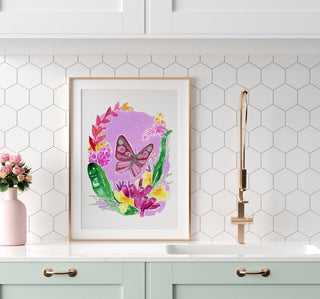 "Butterfly & Pink Bananas" Art Print: Rainforest - Inspired Tropical Art from Jean Choe Art & Design - Giclée