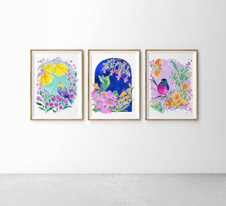 "California Poppies Dreaming" Art Print: Colorful Bird Art from Jean Choe Art & Design - Giclée