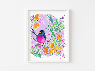 "California Poppies Dreaming" Art Print: Colorful Bird Art from Jean Choe Art & Design - Giclée