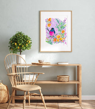 "California Poppies Dreaming" Art Print: Colorful Bird Art from Jean Choe Art & Design - Giclée