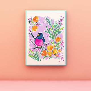 "California Poppies Dreaming" Art Print: Colorful Bird Art from Jean Choe Art & Design - Giclée