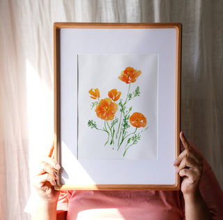 California Poppies (Original) with Cherry Wood Frame from Jean Choe Art & Design - Watercolor