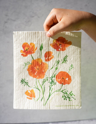 California Poppy Swedish Dishcloth: Eco - Friendly & Reusable Kitchen Cloth from Jean Choe Art & Design