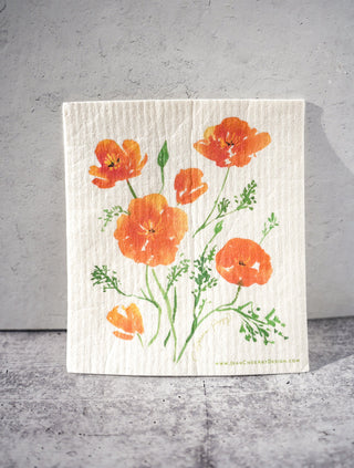 California Poppy Swedish Dishcloth: Eco - Friendly & Reusable Kitchen Cloth from Jean Choe Art & Design