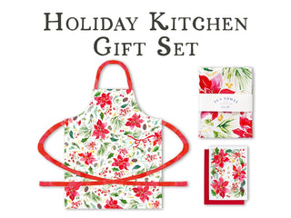Christmas Gift Set: Poinsettia Apron, Tea Towel, & Greeting Card from Jean Choe Art & Design - Aprons