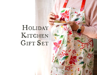 Christmas Gift Set: Poinsettia Apron, Tea Towel, & Greeting Card from Jean Choe Art & Design - Aprons
