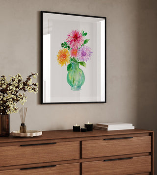 "Dahlia Dazzles" Watercolor Art Print: Flower Vase Wall Art from Jean Choe Art & Design - Giclée