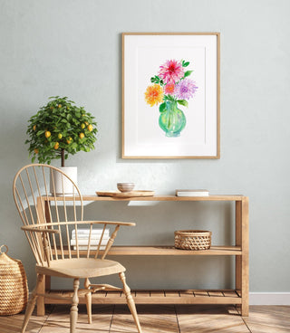 "Dahlia Dazzles" Watercolor Art Print: Flower Vase Wall Art from Jean Choe Art & Design - Giclée