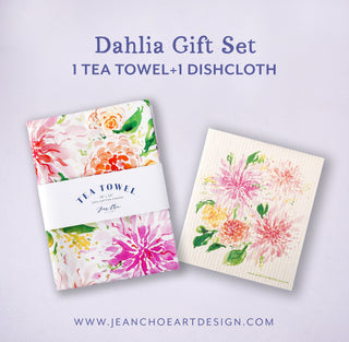 Dahlia Kitchen Gift Set: 1 Tea Towel & 1 Swedish Dishcloth from Jean Choe Art & Design - Kitchen & Tea Towels