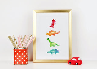 "Dino’s Hats" Art Print: Colorful Watercolor Dinosaurs with Hats from Jean Choe Art & Design - Watercolor