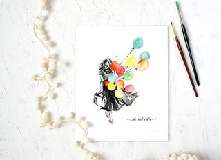 "Do It Now" Watercolor Art Print of a Woman with Balloons from Jean Choe Art & Design - Giclée