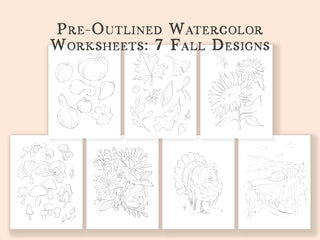 Fall Harvest Watercolor Pages with Pre-Outlined Sheets for Relaxing Watercolor Practice Printed on Coldpress watercolor paper