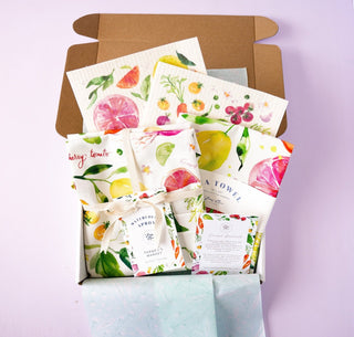 Fruits & Vegetables Kitchen Gift Set: Apron, Tea Towel, & Swedish Dishcloths from Jean Choe Art & Design - Dishcloths