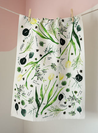 Green Botanical Tea Towel with Jean Choe's watercolor botanical artwork including tulips, eucalyptus, and other greenery