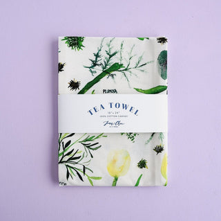 Green Botanical Tea Towel with Jean Choe's watercolor botanical artwork including tulips, eucalyptus, and other greenery
