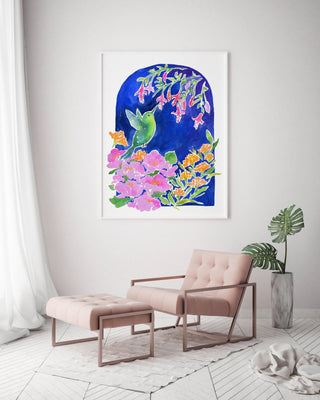 "Hummingbird Garden" Art Print: Bird and Flowers Giclee Print from Jean Choe Art & Design - Giclée
