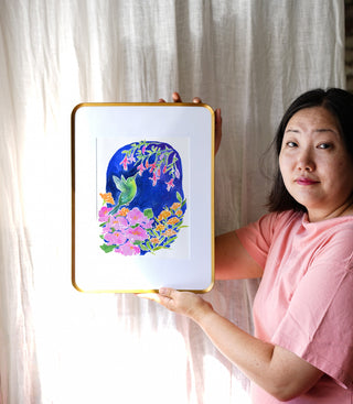 Hummingbird Garden (Original) with Bronze Metal Frame from Jean Choe Art & Design - Watercolor
