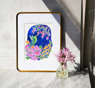 Hummingbird Garden (Original) with Bronze Metal Frame from Jean Choe Art & Design - Watercolor