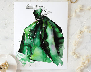 "Lady in Emerald Dress" Art Print: Watercolor Fashion Illustration from Jean Choe Art & Design - Watercolor