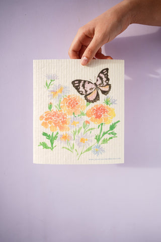 Marigold Butterfly Swedish Dishcloth: Reusable Floral Kitchen Cloth from Jean Choe Art & Design - Reusable Paper Towels