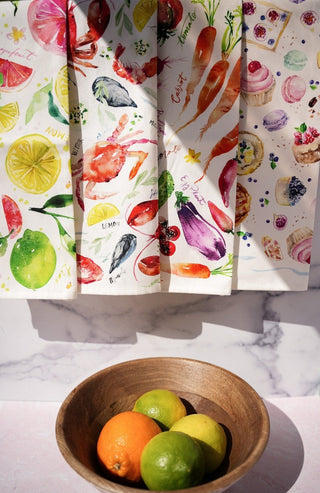 Market to Table Tea Towel Set of 4: Fruits, Vegetables, Sweets & Seafood from Jean Choe Art & Design - Kitchen & Tea Towels