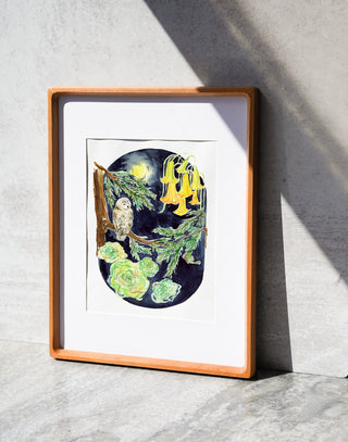 Moonlit Owl (Original) with Cherry Wood Frame from Jean Choe Art & Design - Watercolor