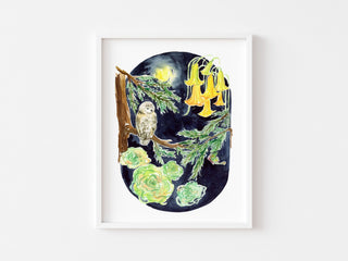 Moonlit Owl – Owl & Moon Watercolor Art Print from Jean Choe Art & Design - Giclée