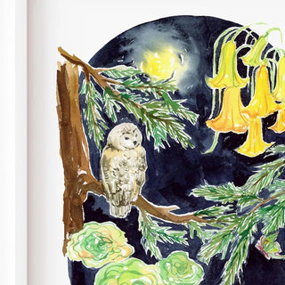 Moonlit Owl – Owl & Moon Watercolor Art Print from Jean Choe Art & Design - Giclée