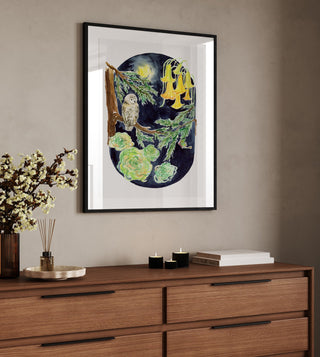 Moonlit Owl – Owl & Moon Watercolor Art Print from Jean Choe Art & Design - Giclée