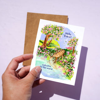 New Baby Deer in Meadow Card – Gender Neutral Baby Shower or Birth Announcement Card from Jean Choe Art & Design - Other Baby