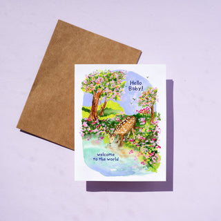 New Baby Deer in Meadow Card – Gender Neutral Baby Shower or Birth Announcement Card from Jean Choe Art & Design - Other Baby