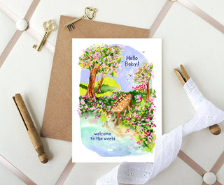 New Baby Deer in Meadow Card – Gender Neutral Baby Shower or Birth Announcement Card from Jean Choe Art & Design - Other Baby