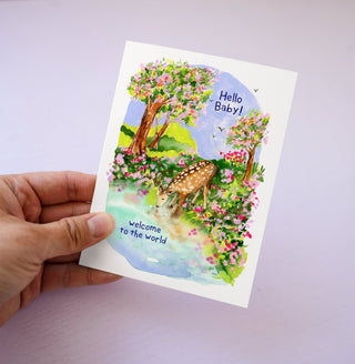 New Baby Deer in Meadow Card – Gender Neutral Baby Shower or Birth Announcement Card from Jean Choe Art & Design - Other Baby