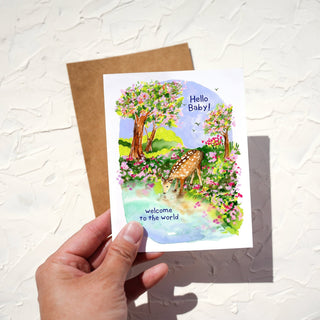 New Baby Deer in Meadow Card – Gender Neutral Baby Shower or Birth Announcement Card from Jean Choe Art & Design - Other Baby